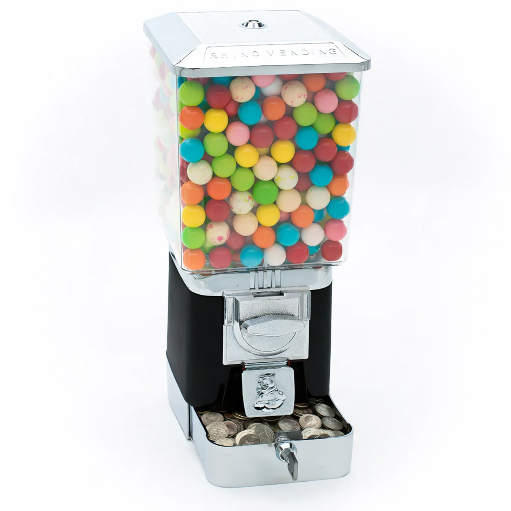 Rhino Pro Metal Black Vending Machine with 1" Acorn Capsule Wheel & Cash Box - 25 Cent
